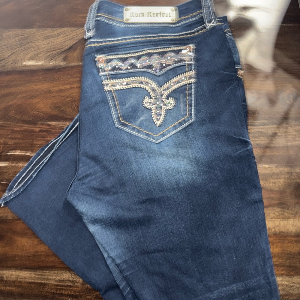 Rock Revival Blue Jeans with Signature Embroidery - Picture 1 of 1